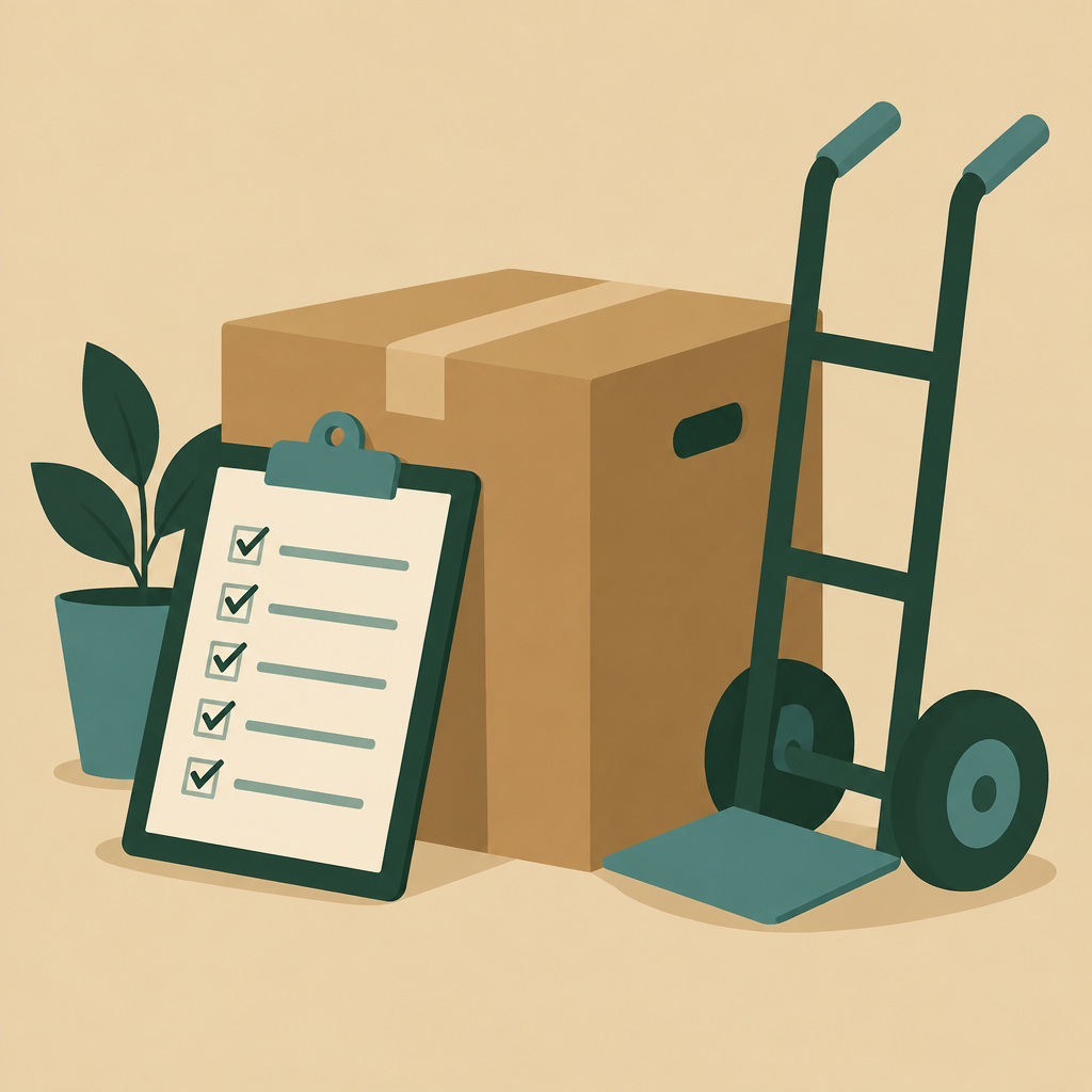 Moving box with checklist and hand truck