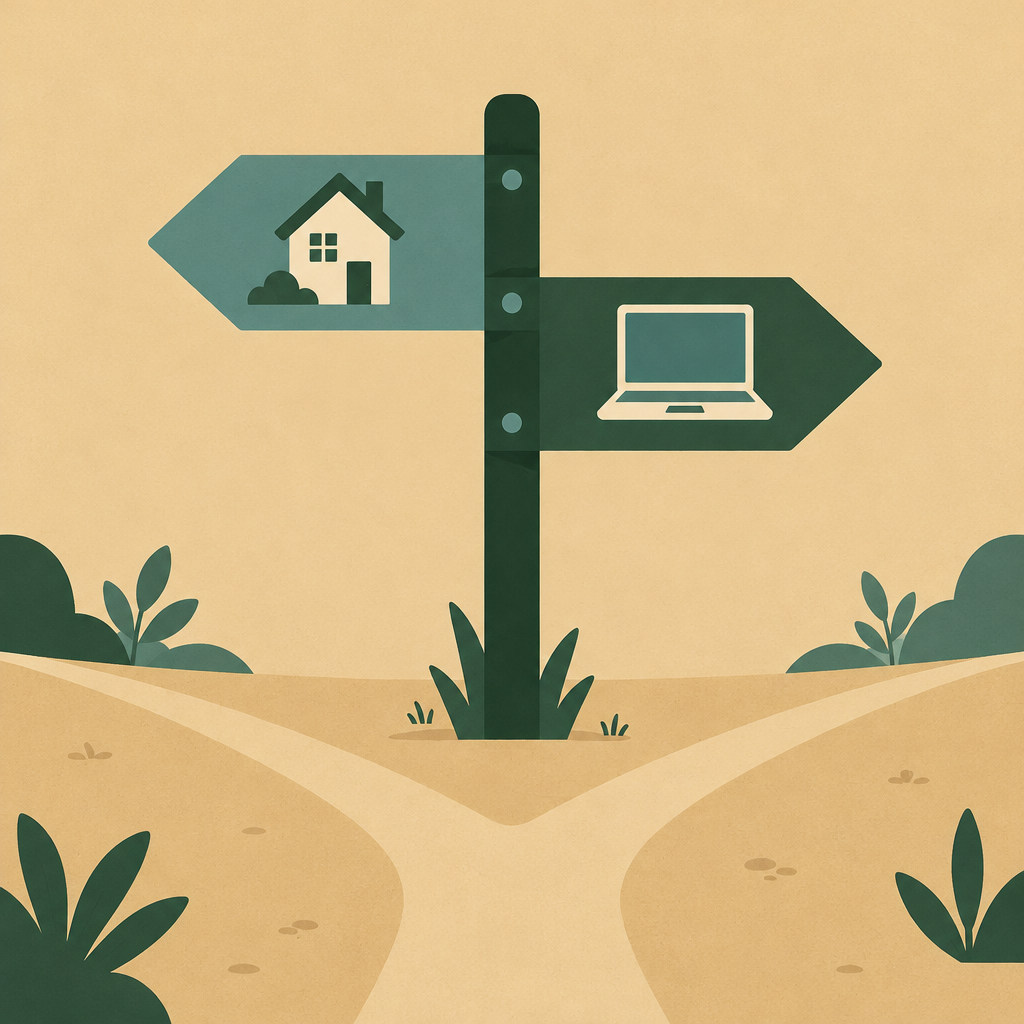 Signpost with home and laptop arrows
