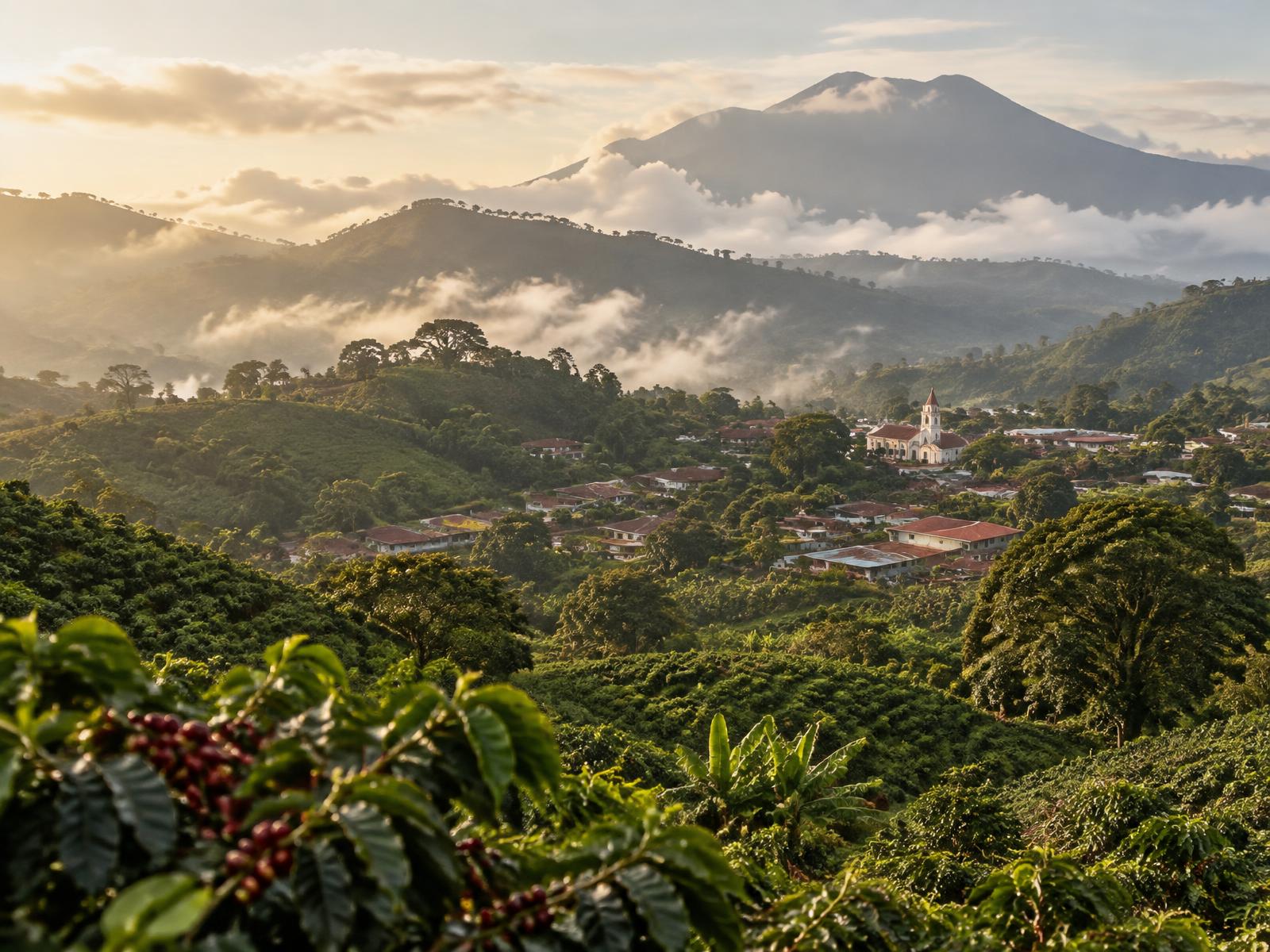 Green Costa Rican coffee hills and a small town below misty mountains