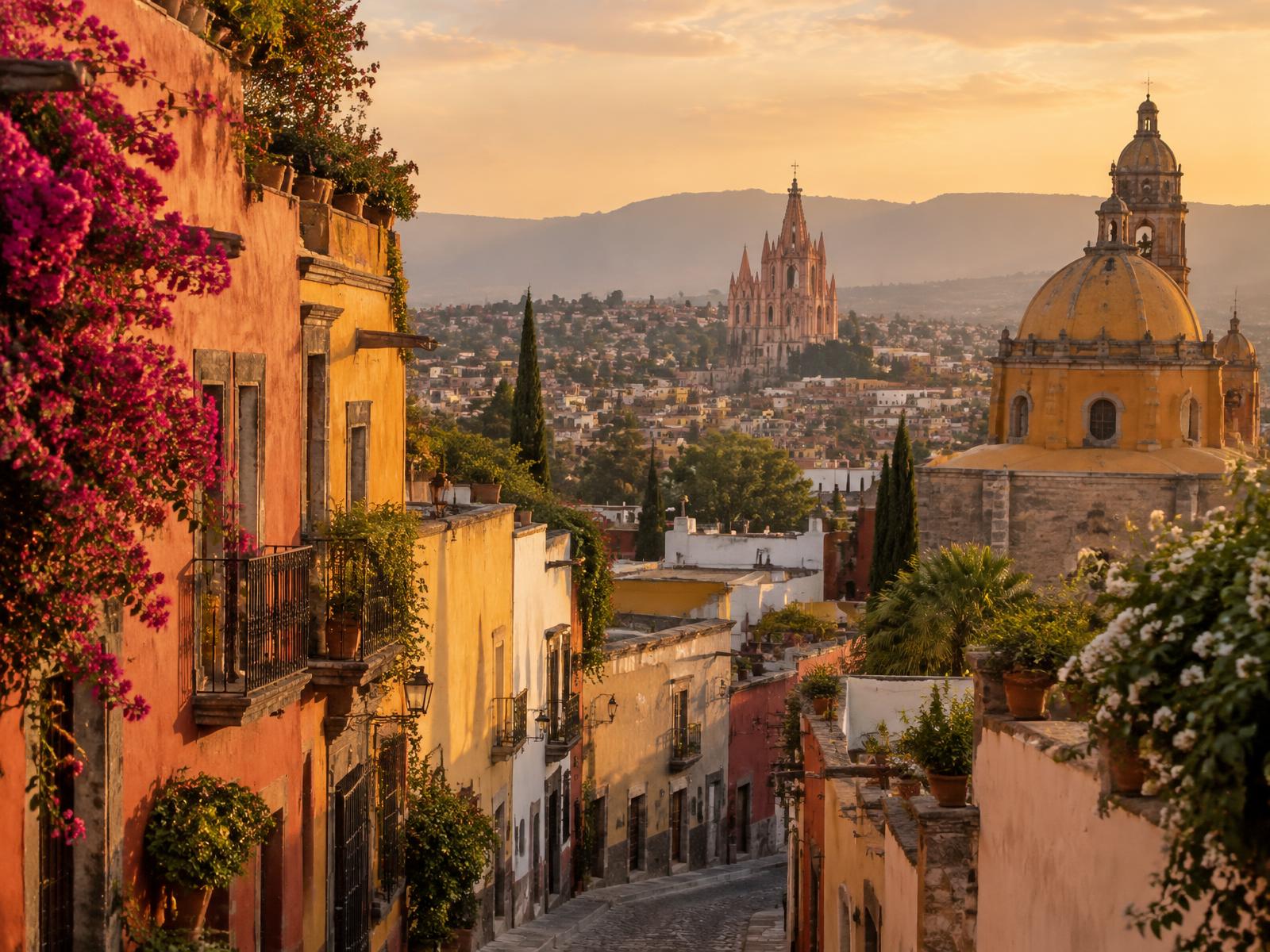 A colonial Mexican street at golden hour with pastel facades and a domed church