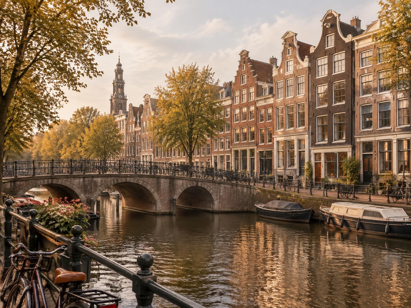 An Amsterdam canal with brick gabled houses, a bridge and bicycles in autumn light