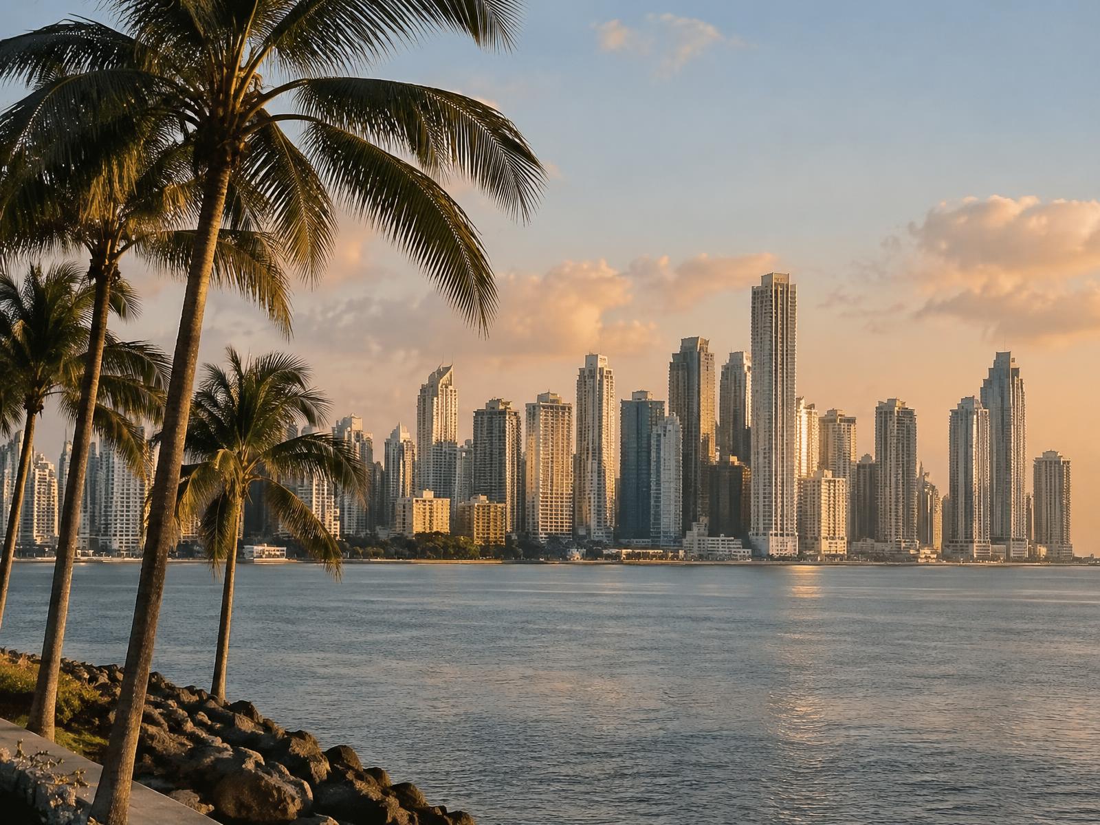 Panama City skyline seen across the bay at late afternoon, with palms in the foreground
