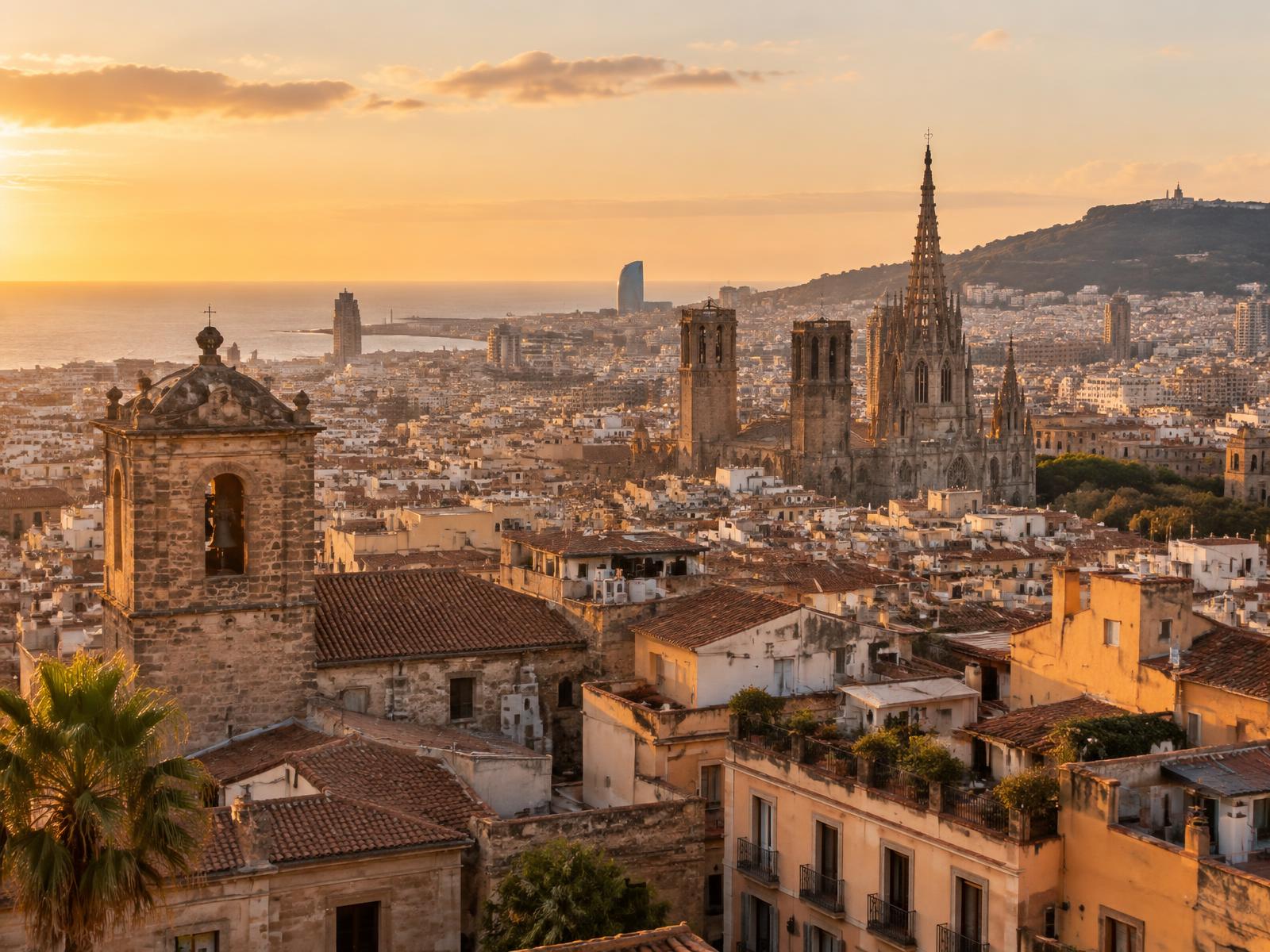 Barcelona rooftops and cathedral spires at golden hour, with the sea beyond